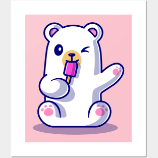 Cute Polar Bear Eating Popsicle Ice Cream Cartoon Posters and Art